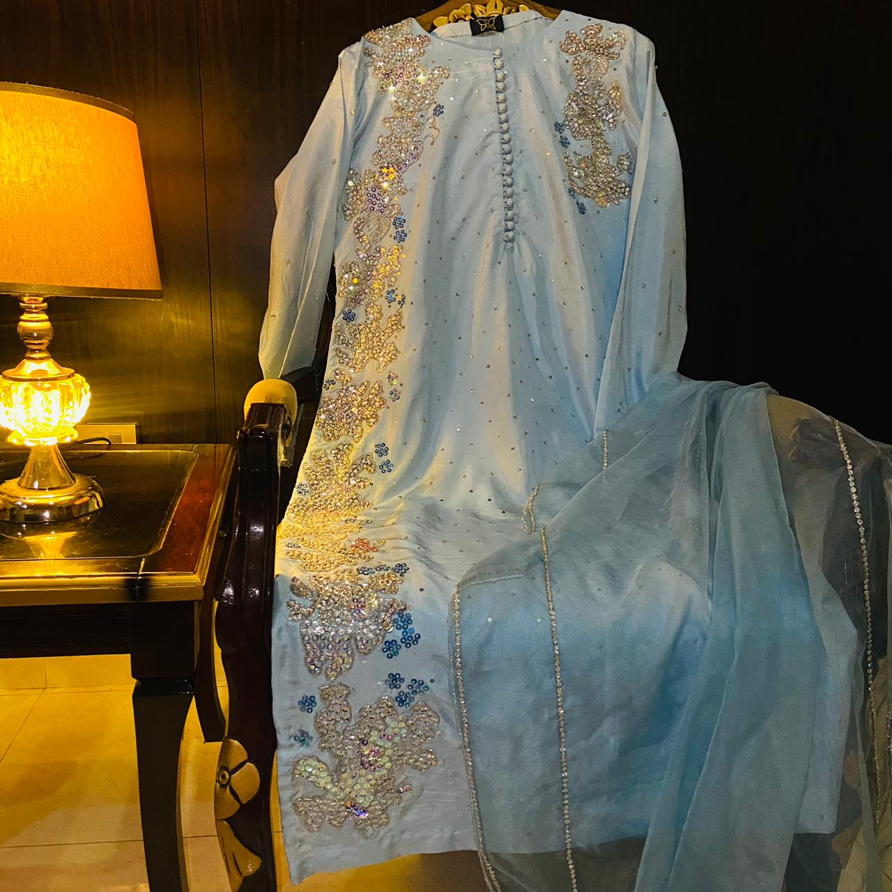Ice Blue Tussle Silk Ensemble